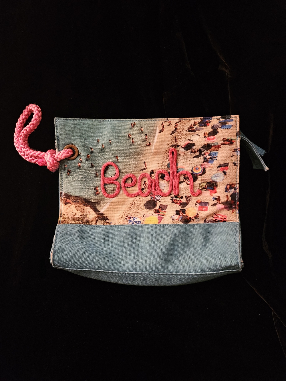 Beach Embroidered Canvas Wristlet Clutch - Pink and Blue